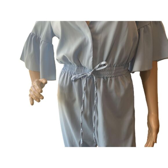 SHEIN Light Blue Bell Sleeves V-Neck Elastic Waist Tie Jumpsuit Size S - Picture 4 of 15
